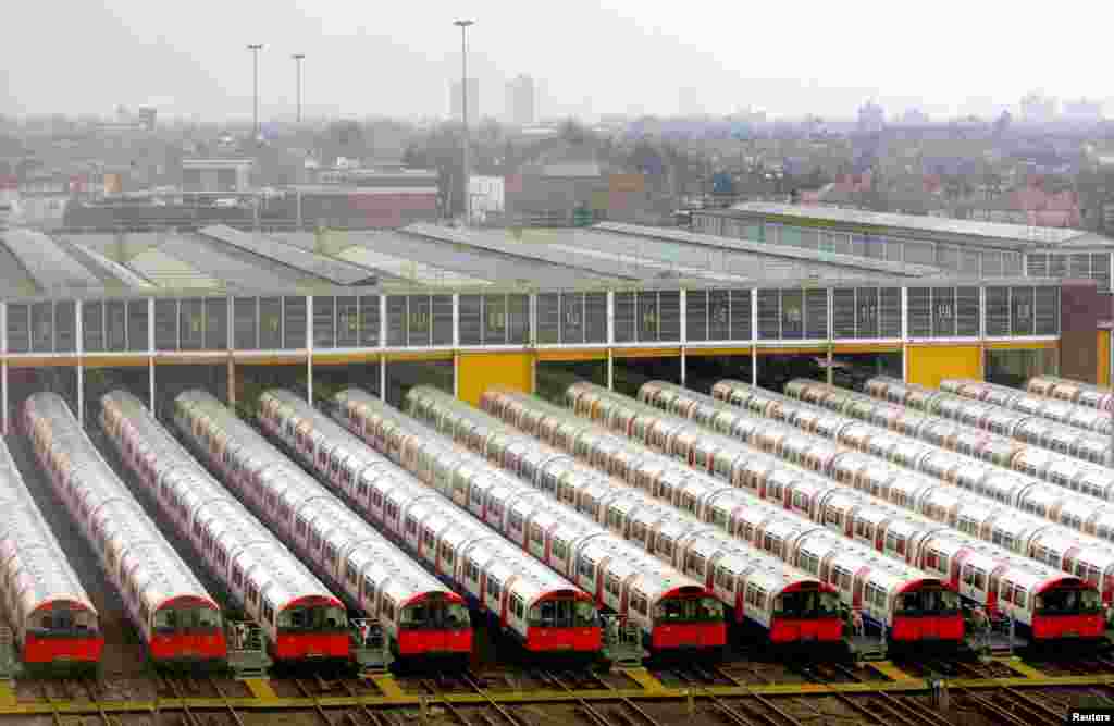 Piccadilly Line trains parked outside the Northfields depot in 2001.