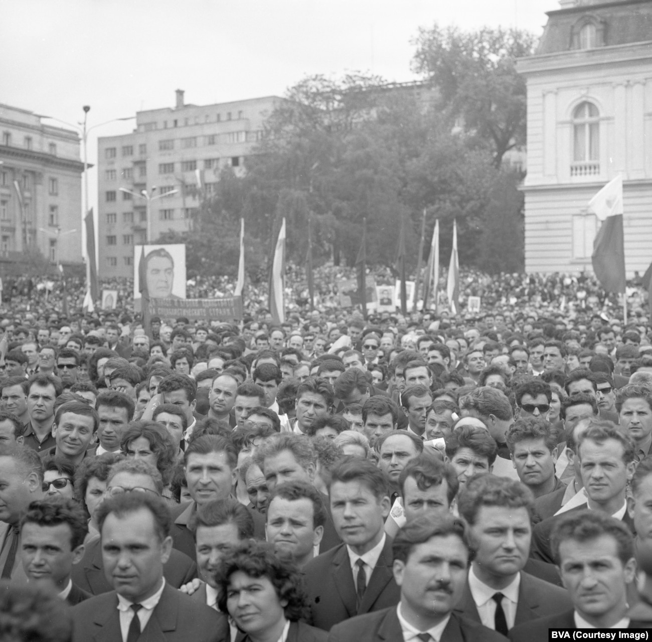 Crowds in Sofia listen to a speech by Leonid Brezhnev during the Soviet leader's 1967 visit to Bulgaria.