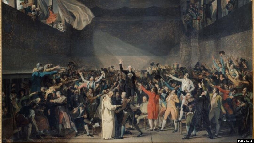 A cropped segment of "The Tennis Court Oath" by Jacques-Louis David