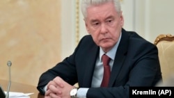 Moscow Mayor Sergei Sobyanin attending a cabinet meeting with Russian Prime Minister in Moscow on March 30.