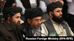 Members of the Taliban's delegation attend an international peace conference in Moscow on March 18.