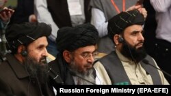 Taliban co-founder Mullah Baradar, who led previous negotiations on behalf of the militant group, attends an international peace conference in Moscow on March 18.