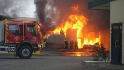 In an image shared by the State Emergency Service of Ukraine, firefighters tackle the blaze following a Russian drone strike in the Volyn region on October 18.