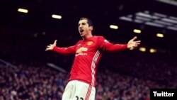 United Kingdom -- Armenian captain Henrikh Mkhitarian celebrates his goal at Old Trafford, Manchester, 11Dec2016