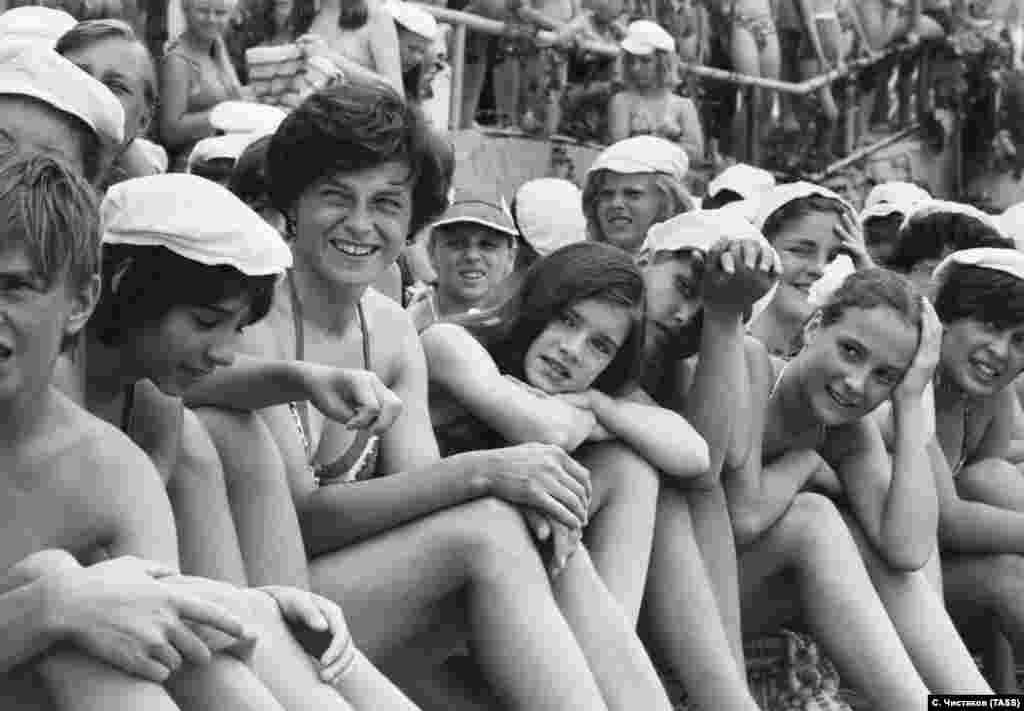 Natasha Kashirina (third from right) and Smith (center) at the camp&#39;s Neptune Festival. Smith said there were swimming competitions, a theatrical performance on the water, laughter, jokes, and, in the end, the children threw their counselors into the sea.