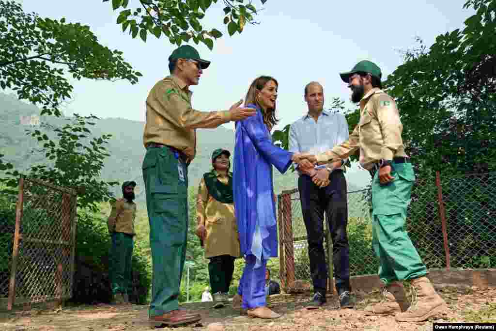 The duke and duchess meeting a park ranger in the Margalla Hills in Islamabad. The royal couple is in Pakistan on their first visit from October 14 to October 18.