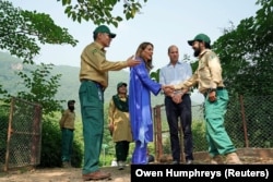 The duke and duchess meeting a park ranger in the Margalla Hills in Islamabad. The royal couple is in Pakistan on their first visit from October 14 to October 18.