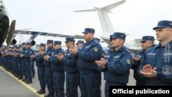 Armenia - Armenian doctors, sappers and other military personnel attend a farewell ceremony at Yerevan airport before being deployed in Syria, February 8, 2019. 