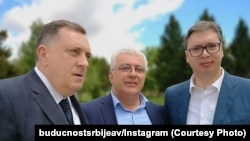 Nga e majta: Millorad Dodik, Andrija Mandiq dhe Aleksandar Vuçiq. Maj 2019