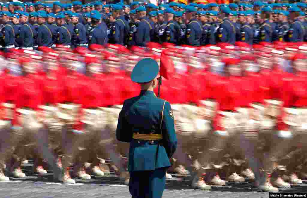 Members of Russia&#39;s Youth Army march during the Victory Day parade.