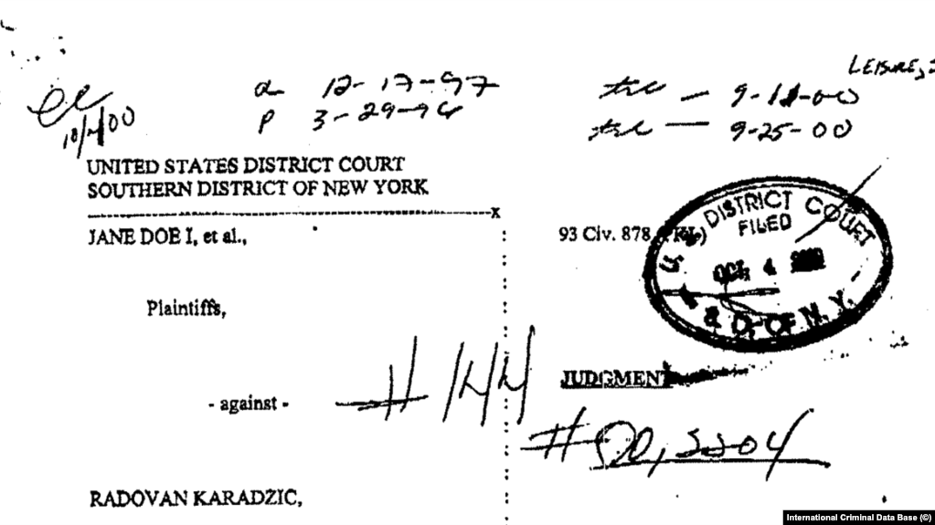 Zaglavlje presude "Jane Doe et al. vs Karadzic" pred Sudom u New Yorku. 