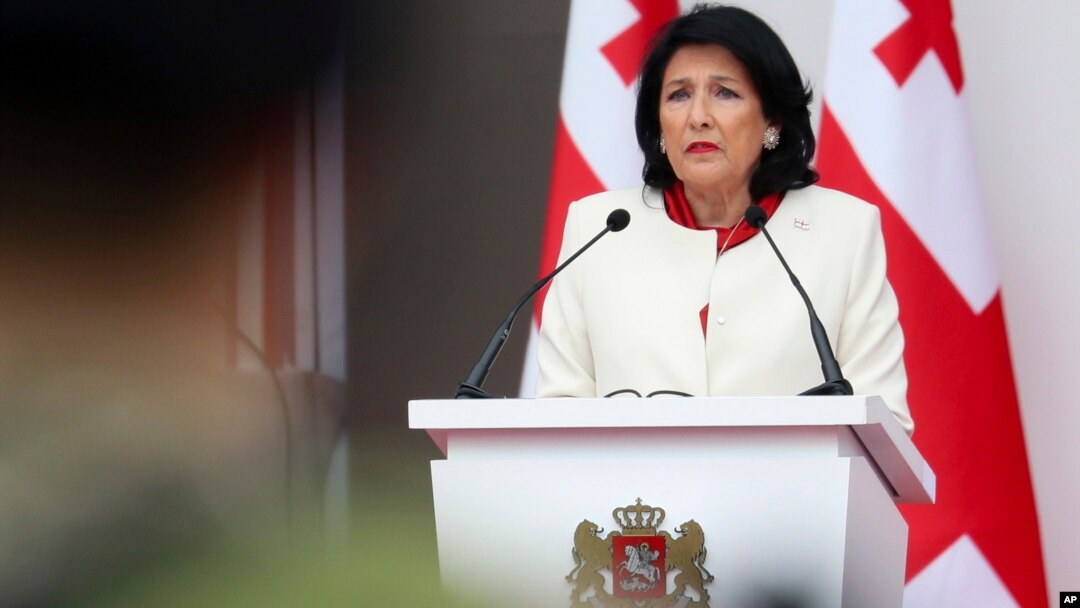 Georgian President Salome Zurabishvili addresses a crowd in Tbilisi on her country's Independence Day holiday on May 26.