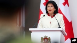 Georgian President Salome Zurabishvili addresses a crowd in Tbilisi on her country's Independence Day holiday on May 26.