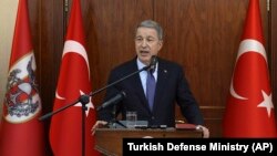 TURKEY -- Turkish Defense Minister Hulusi Akar speaks to a group of reporters in Ankara, May 21, 2019