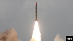 A Pakistani intelligence handout of a nuclear-capable Hatf-VI (Shaheen-2) long-range ballistic missile during a test-fire in April 2008