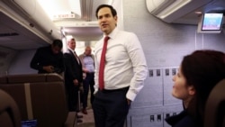 U.S. Secretary of State Marco Rubio speaks to members of the press traveling with him to the Munich Security Conference in February 2025. 