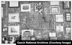 A wall within the Prague museum. A quote from Ukrainian poet Taras Shevchenko is on the banner in the center of the image: "Fight and you’ll be victorious, God is helping you! On your side is justice, glory, and our sacred freedom!”