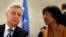 UN High Commissioner for Human Rights Navi Pillay (right) talks to Remigiusz Henczel, president of the Human Rights Council, before the 22nd session of the council at the United Nations in Geneva.