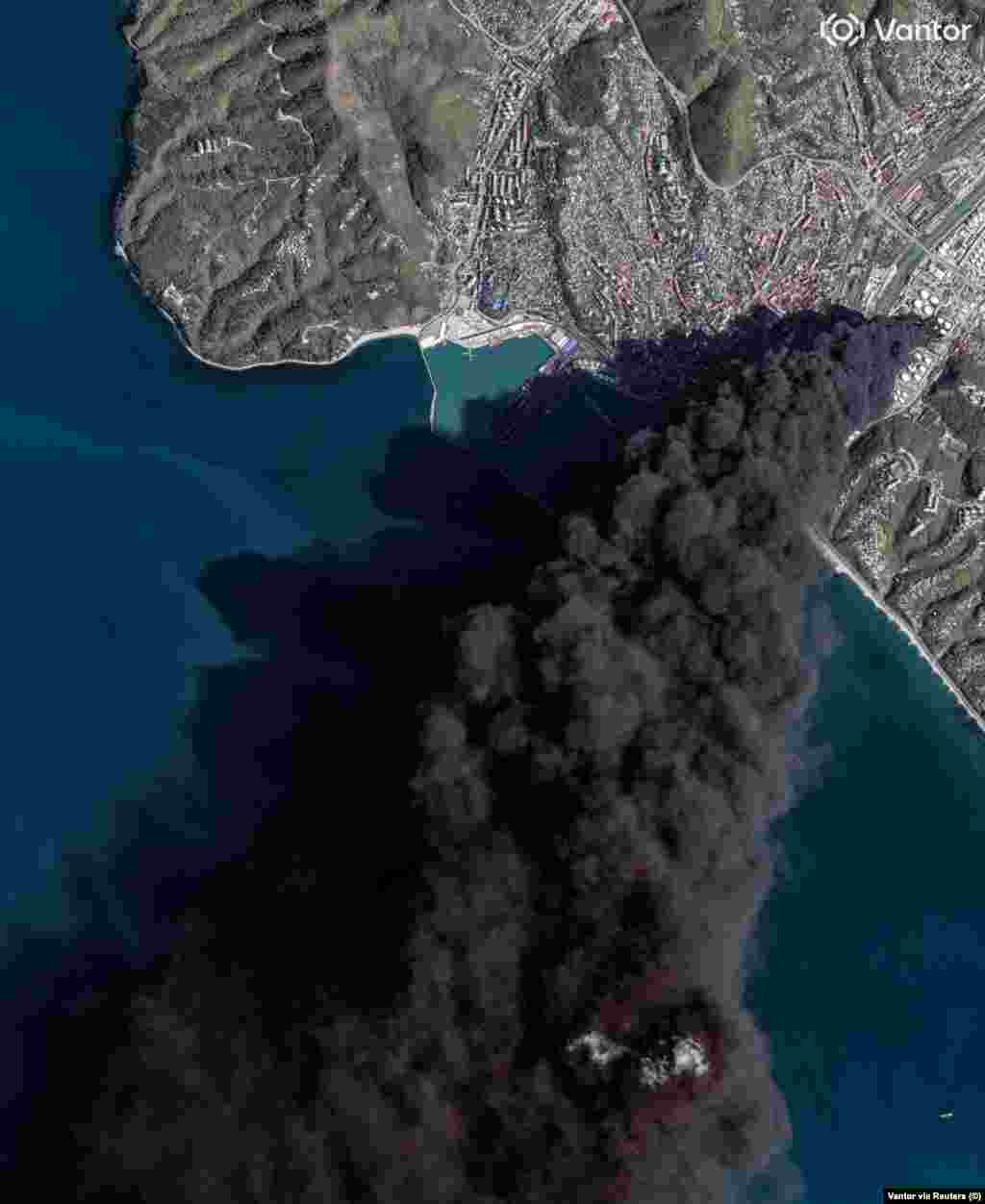 An image made on April 16 of the Tuapse refinery ablaze. Strikes made earlier this month on the Russian oil facility have created an environmental crisis in the area, with local residents reporting oil raining from the sky.