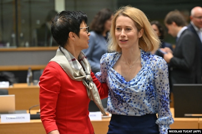 Komisionarja e BE-së për Zgjerim, Marta Kos, dhe përfaqësuesja e lartë për Punët e Jashtme dhe Politikën e Sigurisë, Kaja Kallas, Bruksel, 17 mars 2025.