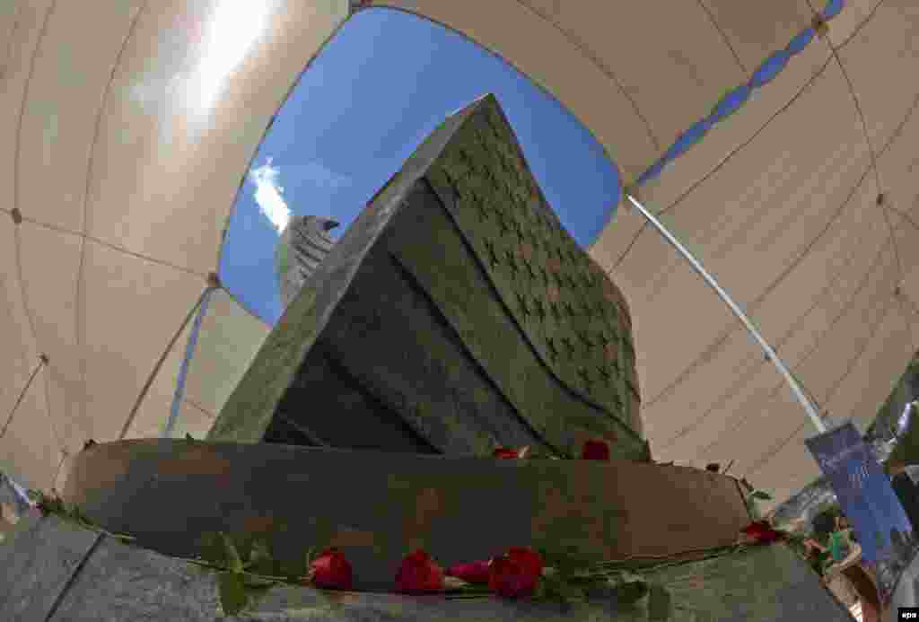 A sculpture of an American flag stands in the&nbsp;9/11 Living Memorial Plaza&nbsp;near Motza, Israel, west of Jerusalem.&nbsp;The names of the victims, including five Israeli citizens, are written on the base.&nbsp;