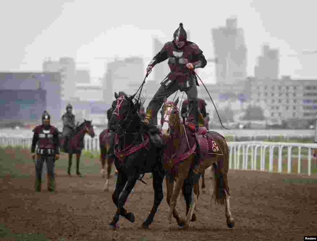 A rider performs for the crowd during a show highlighting the skills of the kokpar riders.