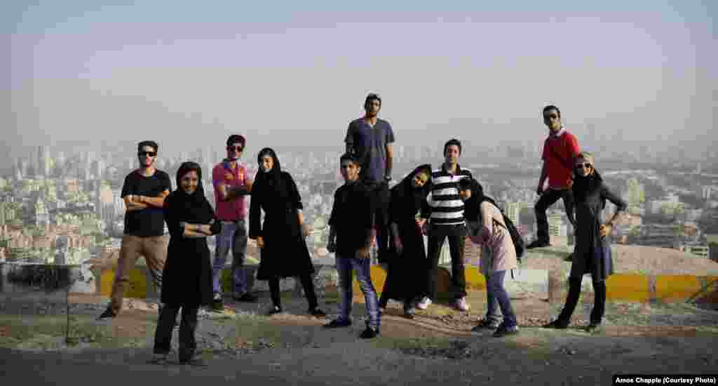 A group of friends in the hills above Tehran. Chapple reports that many young Iranians feel deeply embarrassed by their government and the way the nation is perceived abroad. 