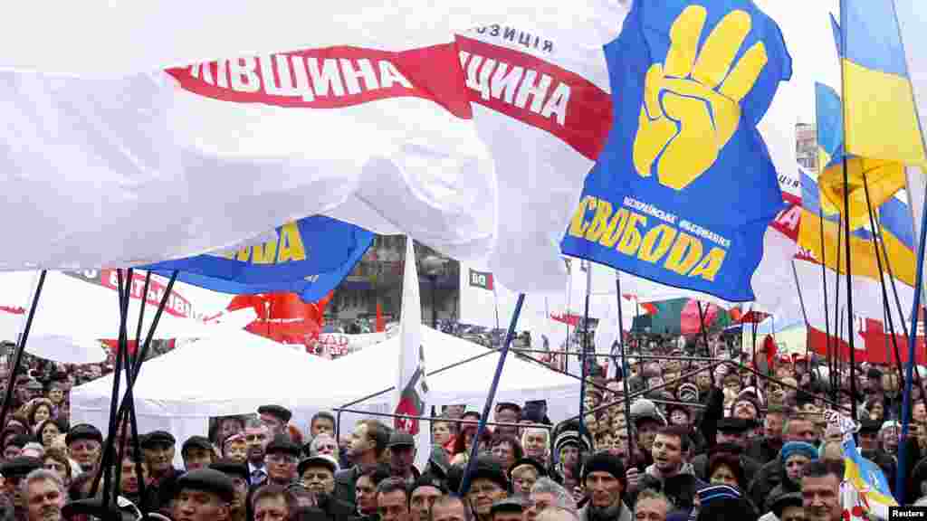 Protesters wave the flags of several opposition parties.