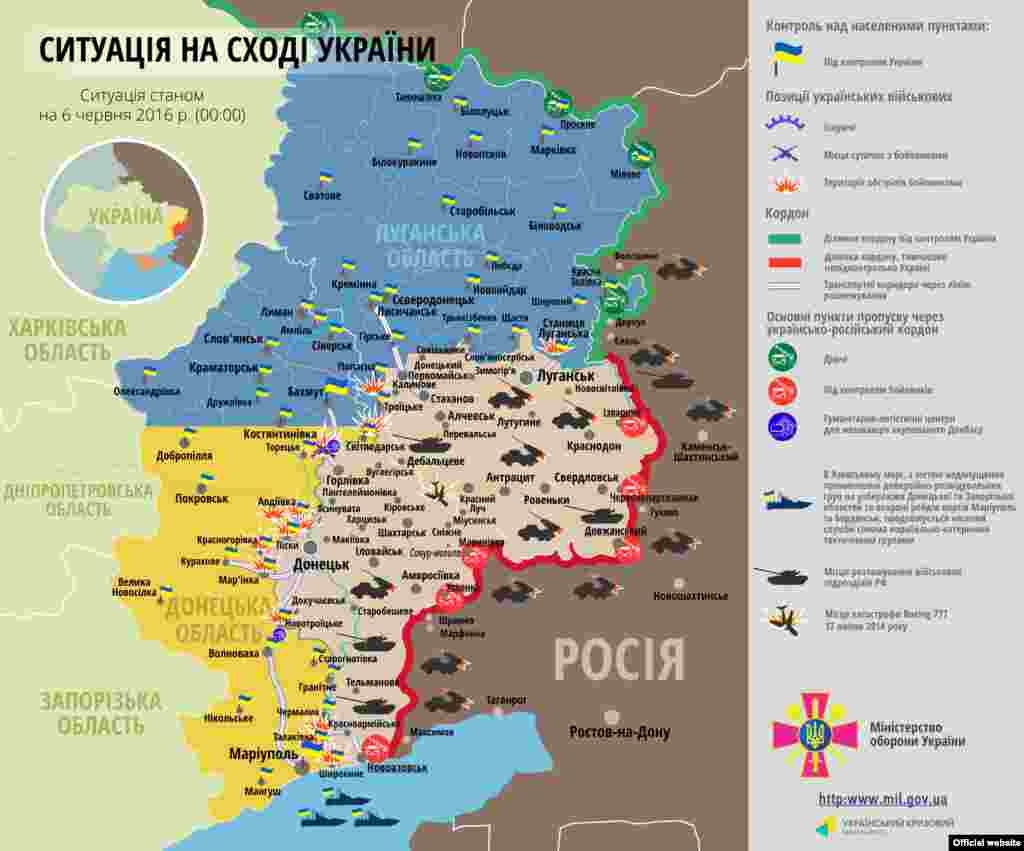 Ukraine – UKRAINIAN Map: The situation in a combat zone at Donbas, 06Jun2016