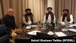 The strike came just hours after US special representative Zalmay Khalilzad (left) and senior Taliban officials spoke by phone with U.S. President Donald Trump on March 4.