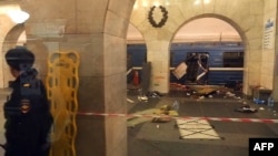 A picture shows the damaged train carriage at the Technological Institute subway station in St. Petersburg on April 3.