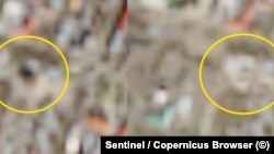 Сравнение спутниковых снимков собора Святой Марии в Ханкеди, Карабах, от 3 марта и 4 апреля