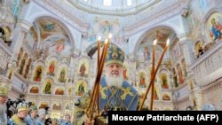 Patriarhul Kirill oficiind o slujbă la Minsk, 14 octombrie 2018.