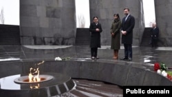 Armenia - U.S. Vice President JD Vance and his wife Usha are accompanied by Edita Gzoyan (left), director of the Armenian Genocide Museum-Institute in Yerevan, as they visit it on February 10, 2026