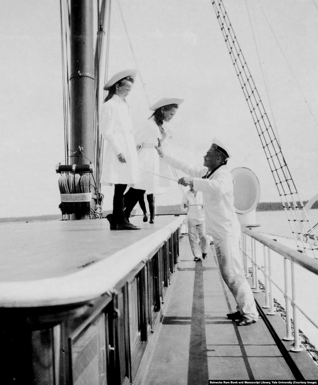 Two of the grand duchesses aboard the Standart. When the children were small, each was assigned a sailor to ensure they didn&#39;t fall overboard.