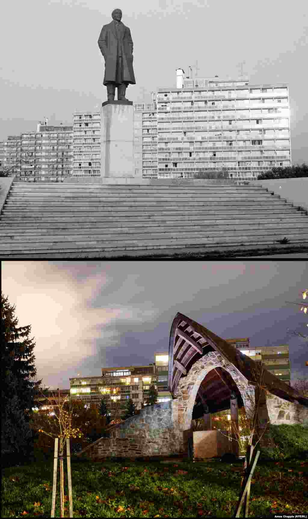 Zalaegerszeg 1975-2019 A snugly dressed Lenin statue in the western city of Zalaegerszeg (top). The Soviet founder’s statue was torn down in 1991 and is in a city storage facility. The structure that replaces Lenin shelters a stone carving of the city’s coat of arms. 1975 photo: Fortepan/Krantz Karoly