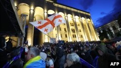 Tbilisidə mübahisəli "xarici təsir" qanun layihəsinə qarşı keçirilən mitinqdə etirazçı Gürcüstan bayrağını dalğalandırır.