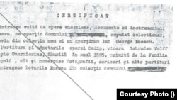 Certificatul care atestă proveniența viorii. Este un document dactolagrafiat pe care doar apare semnătura despre care se spune că e a lui Romeo Drăghici. Nu a existat o expertiză grafologică a lui.