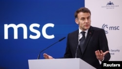 French leader Emmanuel Macron speaks at the Munich Security Conference on February 13.