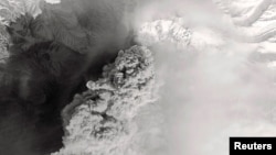 A satellite image shows the erupting Shiveluch volcano on Russia's Kamchatka Peninsula. 