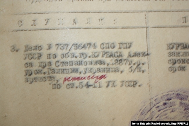 Документ про номер справи та статтю, за якою засудили Леся Курбаса. Із архіву КДБ