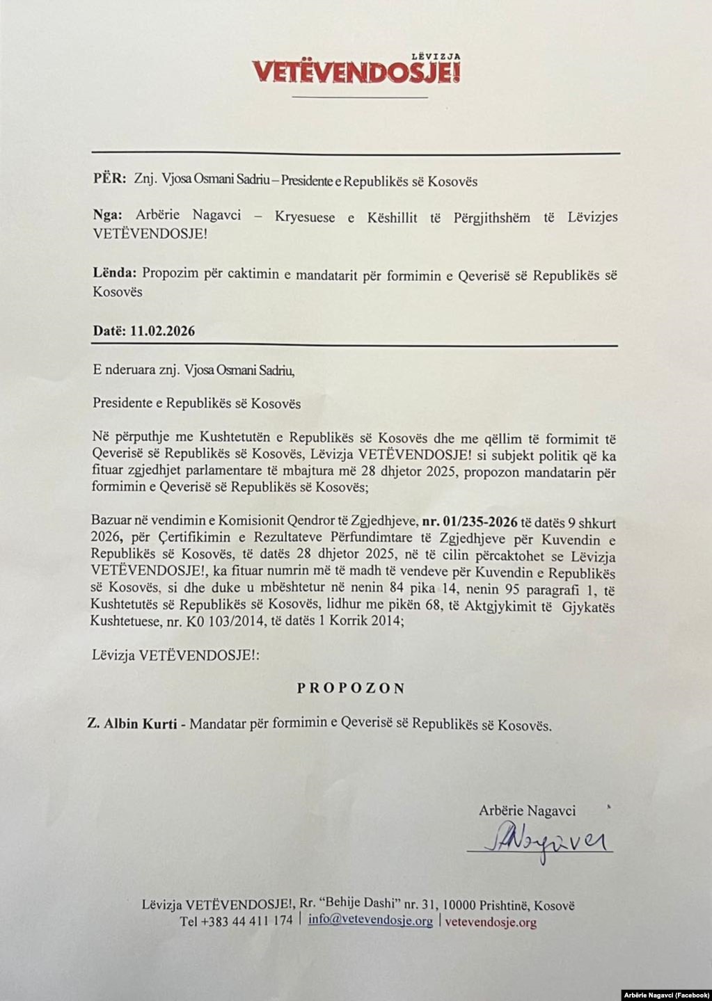 Letra q&euml; L&euml;vizja Vet&euml;vendosje i dor&euml;zoi presidentes Osmani.