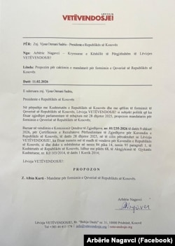 Letra që Lëvizja Vetëvendosje i dorëzoi presidentes Osmani.