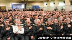 Qassem Soleimani (C) commander of the Islamic Revolutionary Revolutionary Guard's Quds Force, in a ceremony at the presence of Supreme Leader Ali Khamenei on September 16, 2015.