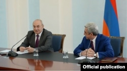 Armenia - Serzh Sarkisian (R), President of Armenia, and Vazgen Manukian, Chairman of Public Council, Yerevan,24Jul,2014