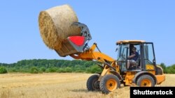 Універсальний навантажувач, що збирає солому поблизу міста Калуш
