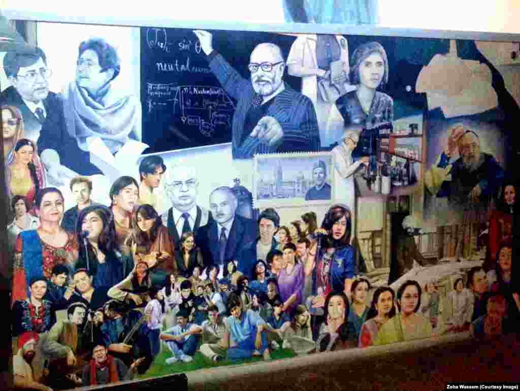 An artist&#39;s mural celebrates prominent Pakistani figures at the Roadside Cafe in Karachi.