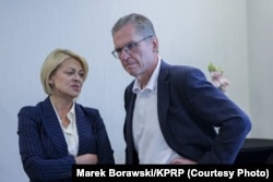 Анжаліка Борыс і Анджэй Пачобут на пасяджэньні Вышэйшай рады Саюза палякаў Беларусі ў Беластоку. 5 верасьня 2026 году