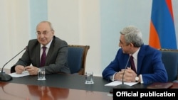 Armenia - President Serzh Sarkisian (R), meets with Vazgen Manukian and other members of the Public Council, Yerevan, 24Jul2014.