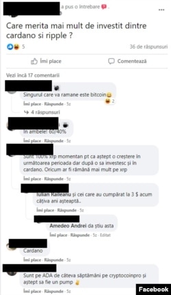 Discutie pe un grup de Facebook între fani ai criptomonedelor.